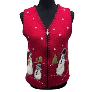 VTG Coldwater Creek Wool Full Zip Vest Size M Snowman Cabincore Ugly Christmas